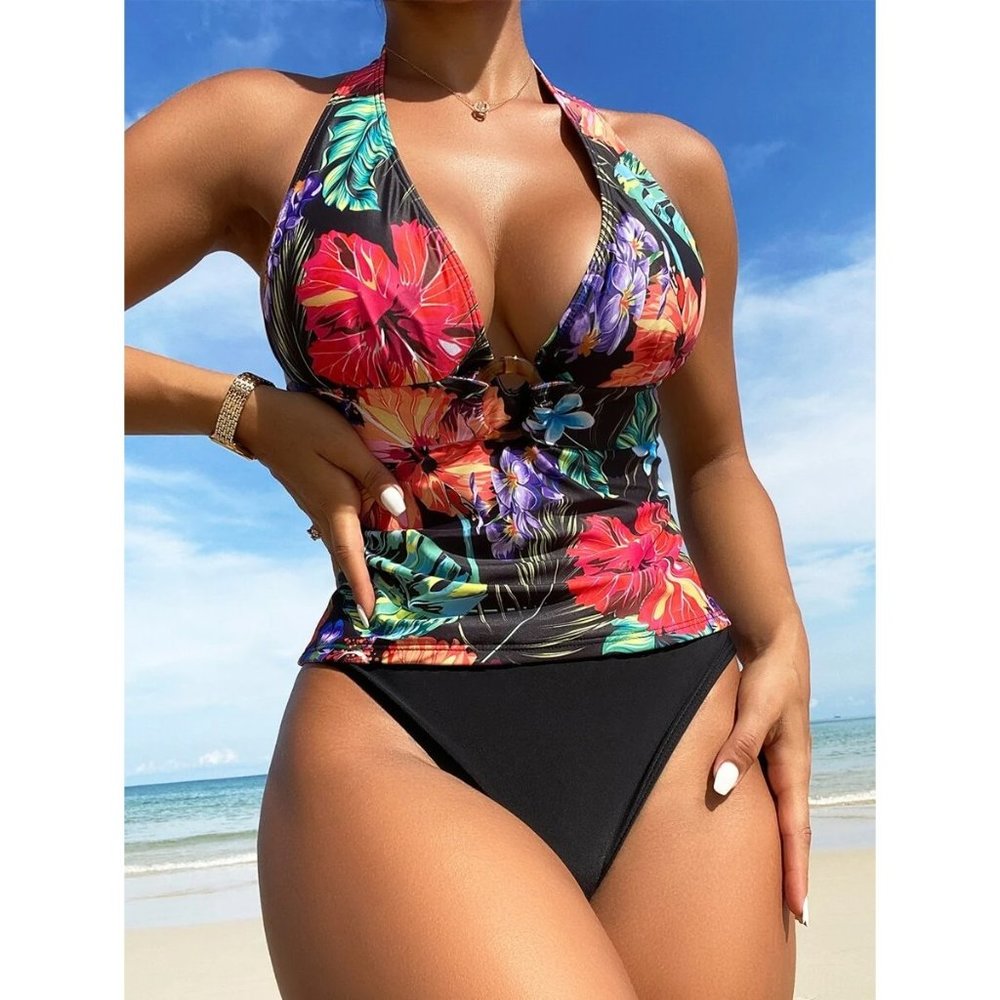 SHEIN Tropical Print Ring Linked Halter Bikini Swimsuit S